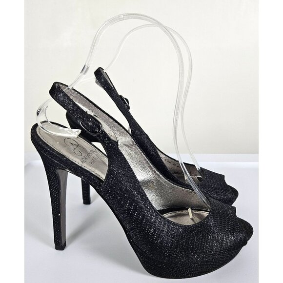 Adrianna Papell Womens Size 7 Black Glitter Peep Toe Slingback High Heels 4.5" - Picture 2 of 16